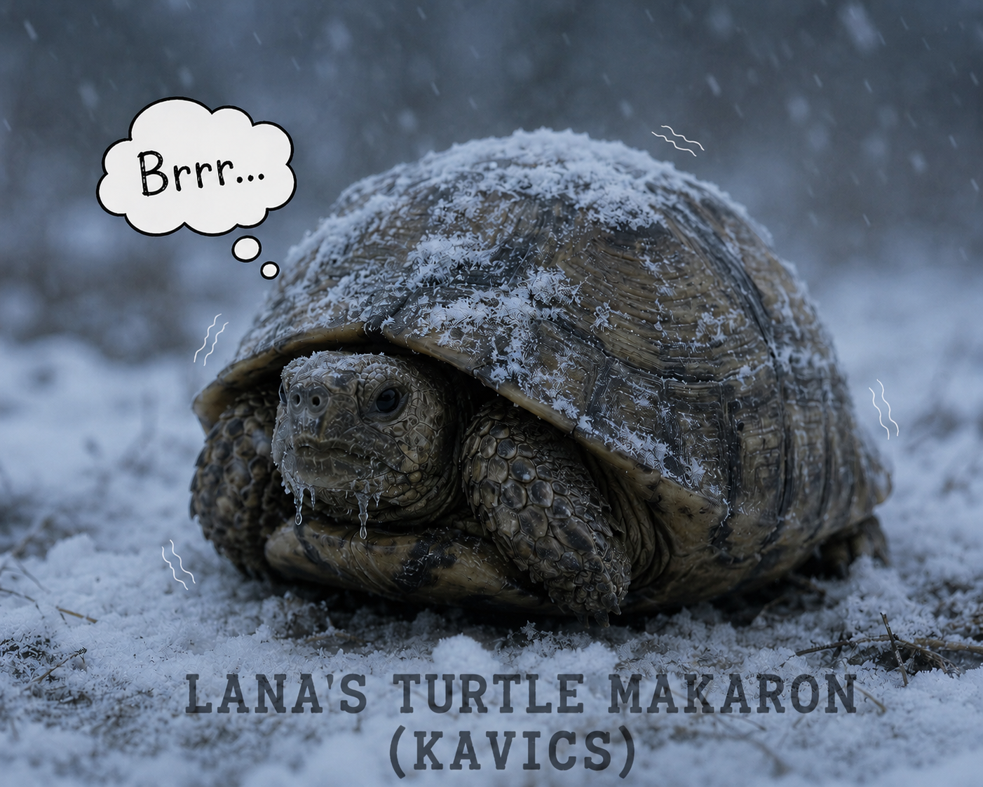 Lana's turtle Makaron, also known as Kavics, freezing in the snow